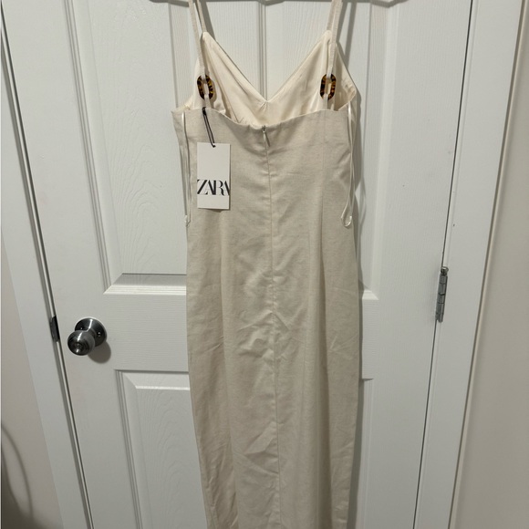 New with Tags Zara White Linen Blend Ruched Midi Dress with Slit Size S - Picture 9 of 11
